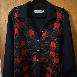 Vintage Red and Navy Checkered Cardigan